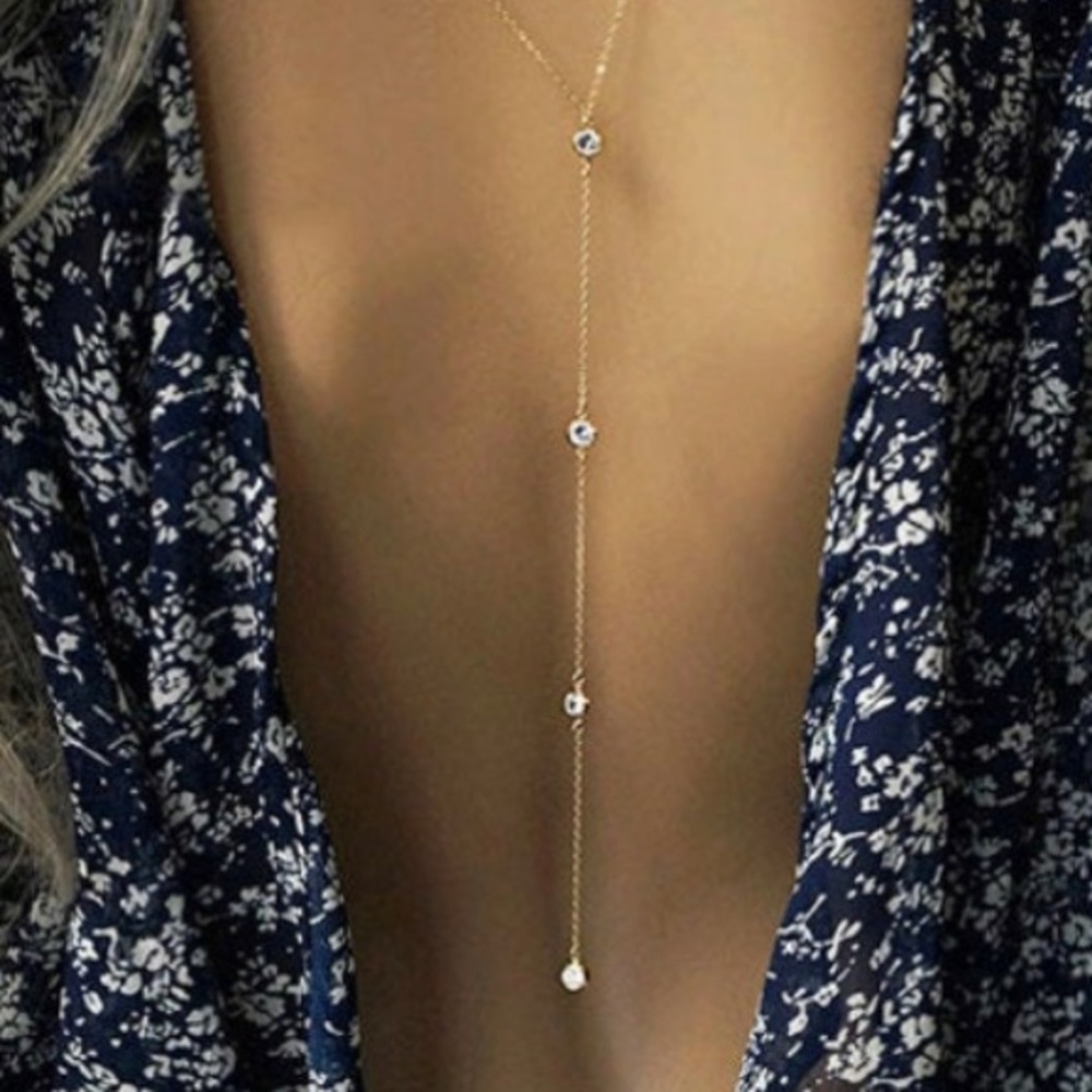 Long Silver Crystal Necklace | Elegant Back Chain | Open Back Dress Chain